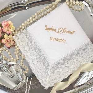 Personalised Bridal Wedding Handkerchief Embroidered Lace Handkerchief Vintage Handkerchief Bride To Be Gift Bridal Shower Gift image 3