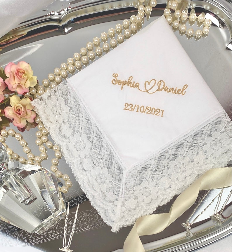 Personalised Bridal Wedding Handkerchief Embroidered Lace Handkerchief Vintage Handkerchief Bride To Be Gift Bridal Shower Gift image 3