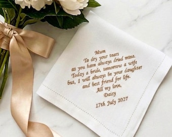 Personalised Wedding Handkerchief for Mother of the Bride, Custom Embroidered Message Hanky from Bride, Sentimental Wedding Keepsake Gift