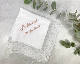 Personalised Bridesmaid Handkerchief | Wedding Hanky | Embroidered Lace Handkerchief | Bridesmaids Gift | Will You Be My Bridesmaid?