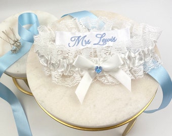 Blue Garter for Bride | Personalised Garter | Embroidered Garter with Swarovski Heart | Lace Wedding Garter | Something Blue Bride Gift