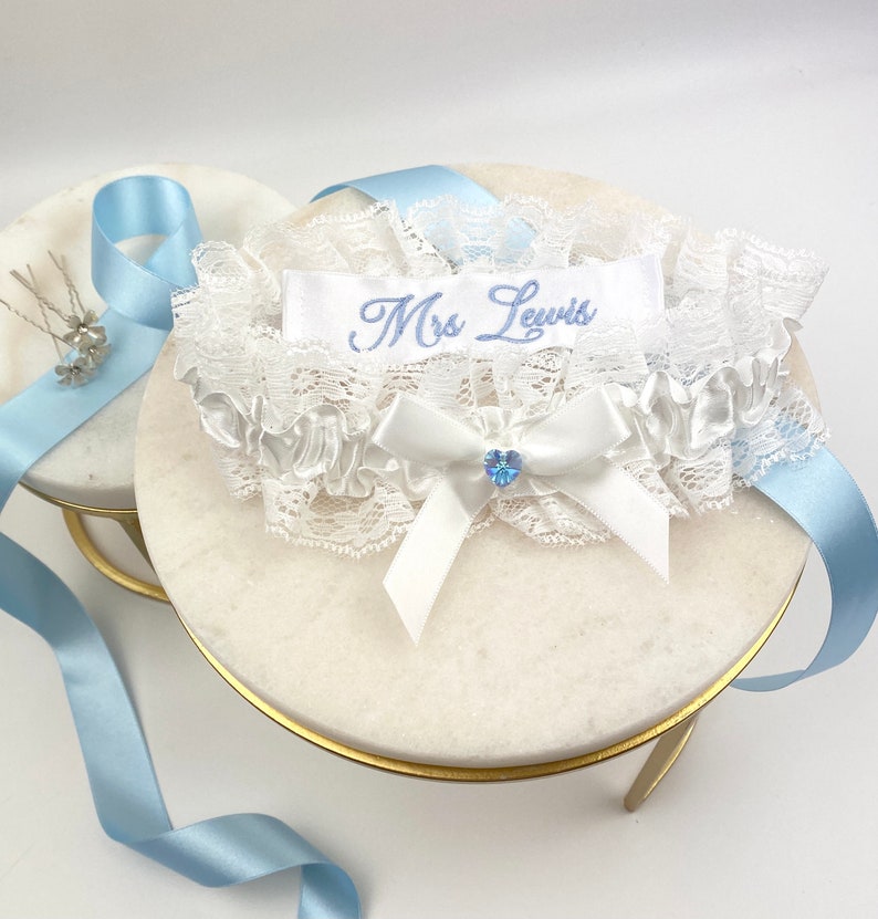 Blue Garter for Bride Personalised Garter Embroidered Garter with Swarovski Heart Lace Wedding Garter Something Blue Bride Gift image 1