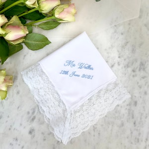 Personalised Bridal Wedding Handkerchief Embroidered Lace Handkerchief Vintage Handkerchief Bride To Be Gift Bridal Shower Gift image 5