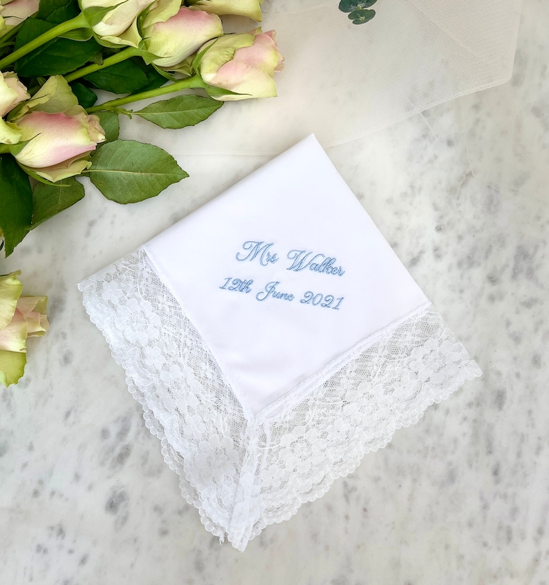 Personalised Bridal Wedding Handkerchief Embroidered Lace Handkerchief Vintage Handkerchief Bride To Be Gift Bridal Shower Gift image 5