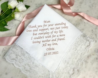 Wedding Handkerchief For Bride | Message Handkerchief Mother Of The Bride | Embroidered Wedding Handkerchief | Lace Hankie | Something Blue