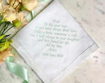 Mother Of The Bride Handkerchief | Linen Wedding Handkerchief | Personalised Message Hanky  | Mother of the Groom Gift