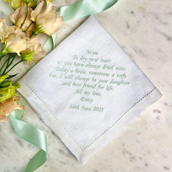 Mother Of The Bride Handkerchief | Linen Wedding Handkerchief | Personalised Message Hanky  | Mother of the Groom Gift
