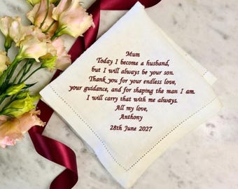 Pañuelo personalizado para la madre del novio / Regalo de boda para mamá del novio / Pañuelo de boda bordado / Recuerdo de agradecimiento a mamá