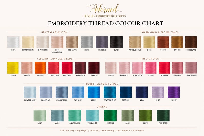 Puede incluir: Una carta de colores de hilo de bordar titulada Adorned Luxury Embroidered Gifts. La tabla muestra filas de carretes de hilo clasificados por familias de colores, incluyendo neutros, blancos, tonos oro c&aacute;lido, marr&oacute;n, amarillo, naranja, rojo, rosa, azul, lila, morado y verde.