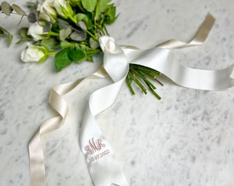 Embroidered Ribbon For Wedding Bouquet | Bouquet Charm For Wedding Flowers | Custom Monogram | Makes A Special Personalised Bride to be Gift