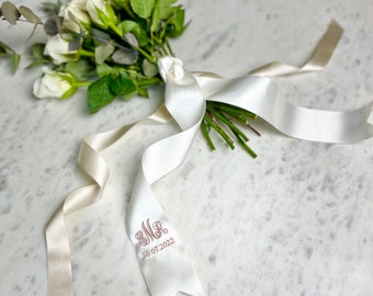 Embroidered Ribbon For Wedding Bouquet | Bouquet Charm For Wedding Flowers | Custom Monogram | Makes A Special Personalised Bride to be Gift