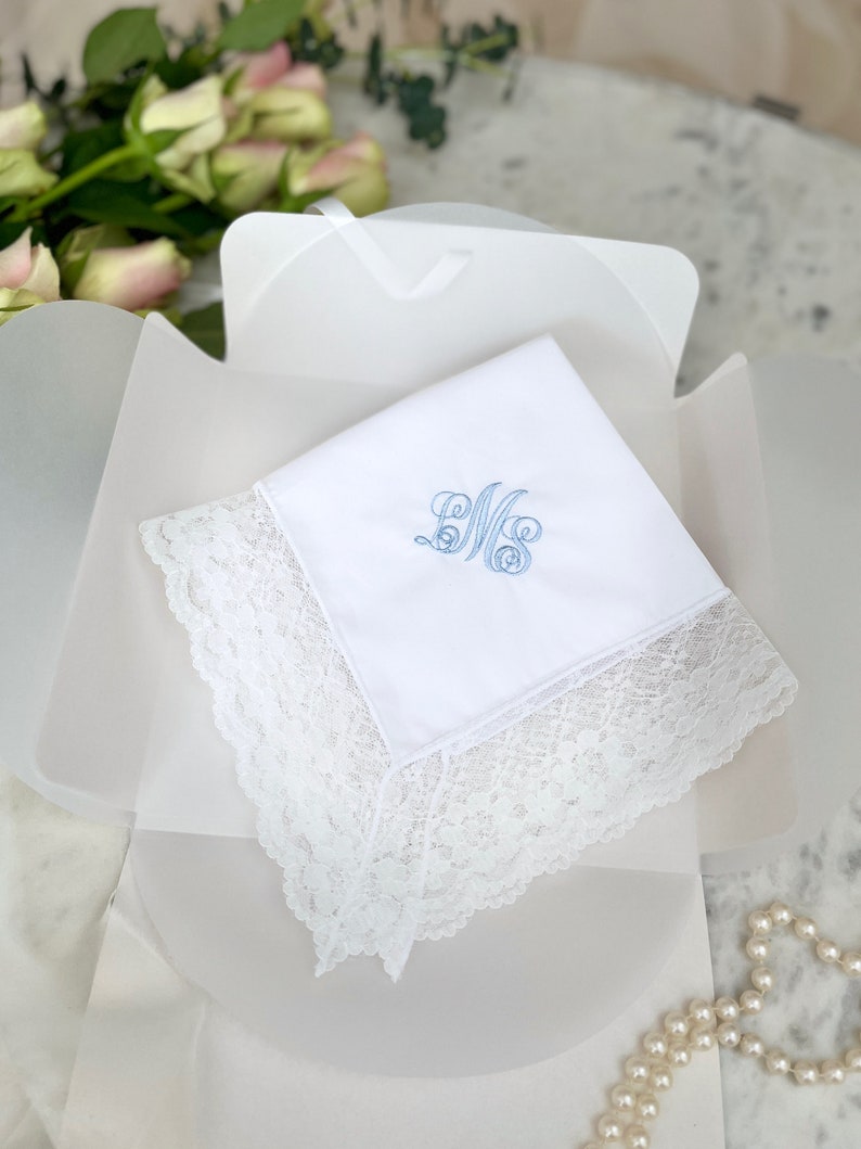 Personalised Bridal Wedding Handkerchief Embroidered Lace Handkerchief Vintage Handkerchief Bride To Be Gift Bridal Shower Gift image 4