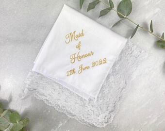 Personalised Maid Of Honour Handkerchief | Embroidered Lace Handkerchief | Maid Of Honour Gift | Will You Be My Maid Of Honour?