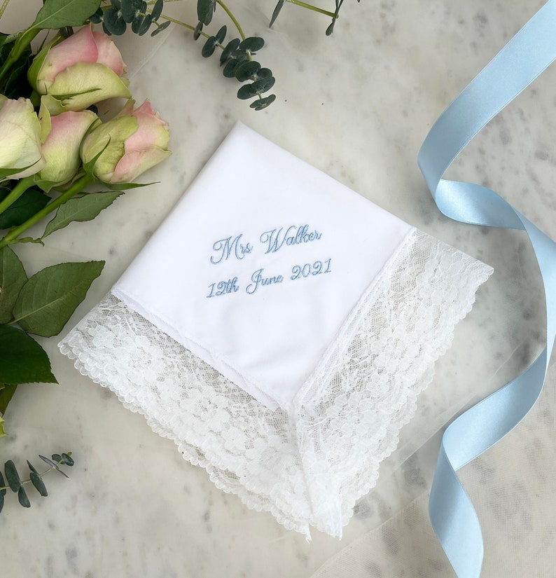 Personalised Bridal Wedding Handkerchief Embroidered Lace Handkerchief Vintage Handkerchief Bride To Be Gift Bridal Shower Gift image 1