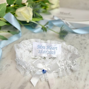 Blue Garter for Bride Personalised Garter Embroidered Garter with Swarovski Heart Lace Wedding Garter Something Blue Bride Gift image 6