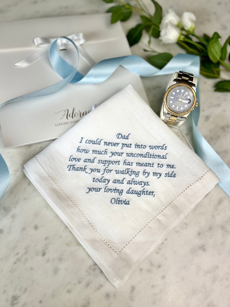 Father Of The Bride Handkerchief Linen Wedding Handkerchief Personalised Message Hanky Mens Handkerchief Father Of The Groom image 4