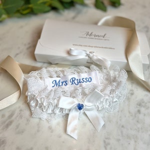 Blue Garter for Bride Personalised Garter Embroidered Garter with Swarovski Heart Lace Wedding Garter Something Blue Bride Gift image 2