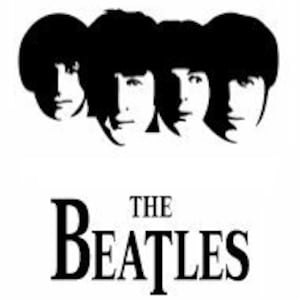 May include: Black and white silhouette of the four members of the Beatles band, with the band's name "THE BEATLES" in white text below.