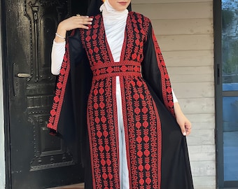 Open sleeves flowers traditional embroidered palestinian dress heritage henna wedding festivals