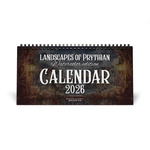 Puede incluir: Calendario de escritorio con espiral con el título "LANDSCAPES OF PRYTHIAN" y la palabra "CALENDAR 2026" en letras blancas grandes. El calendario presenta una ilustración de acuarela de un paisaje con un castillo y faroles.