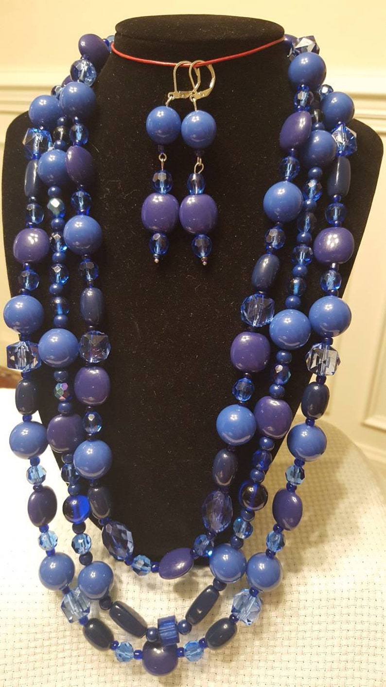 Vintage blue beads and crystals 3 strands with matching leverback dangle earrings