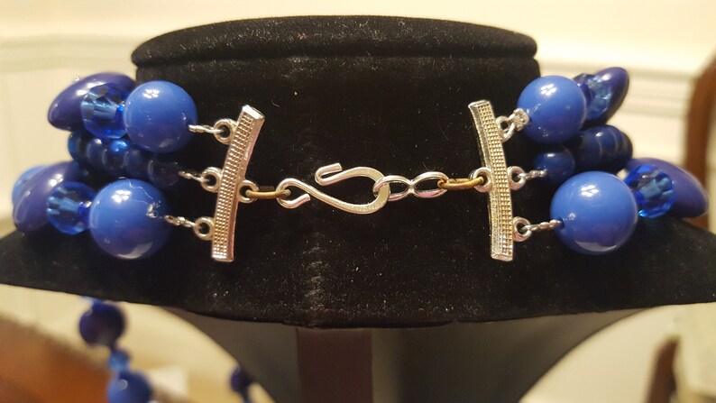 Vintage blue beads and crystals 3 strands with matching leverback dangle earrings