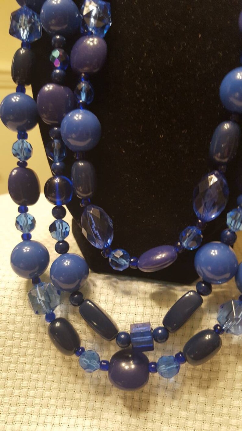 Vintage blue beads and crystals 3 strands with matching leverback dangle earrings