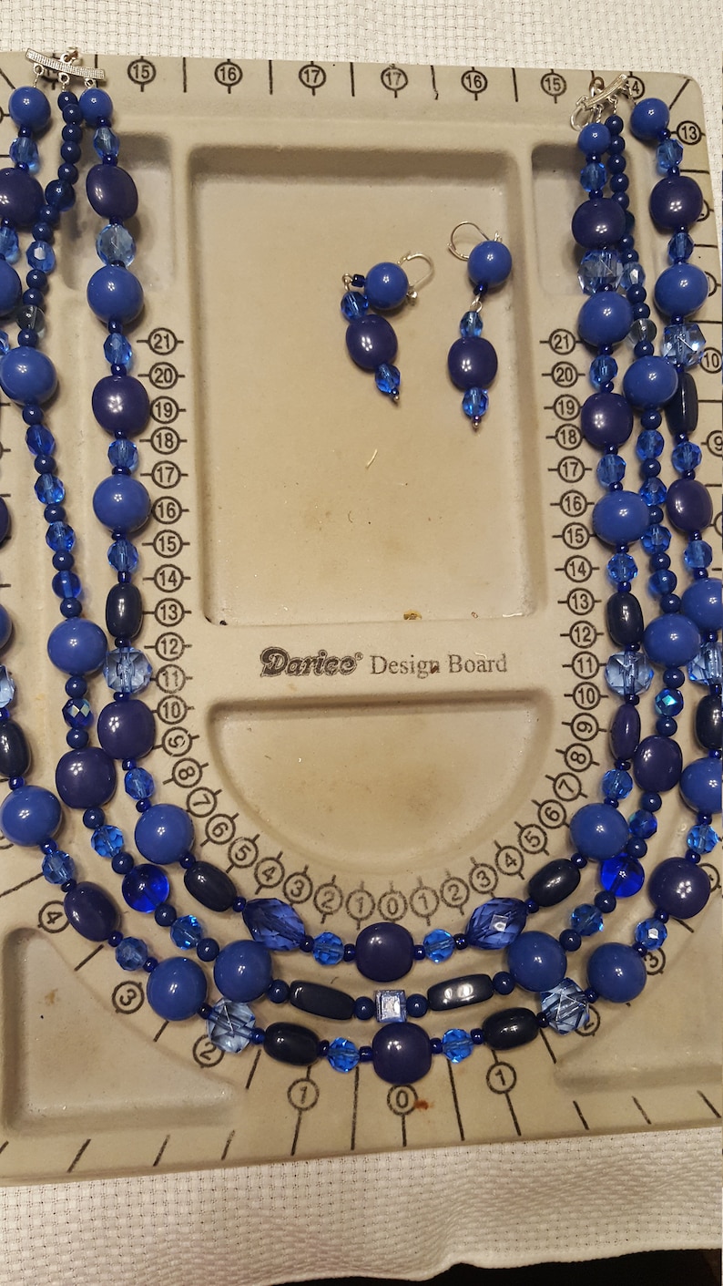 Vintage blue beads and crystals 3 strands with matching leverback dangle earrings