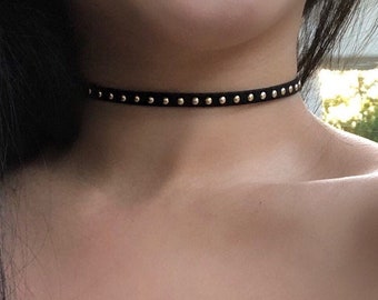 Faux Suede Gold Studded Choker Necklace