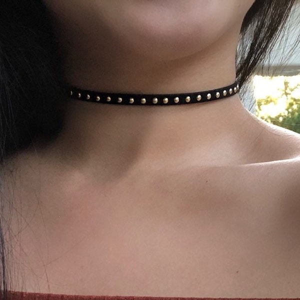 Faux Suede Gold Studded Choker Necklace
