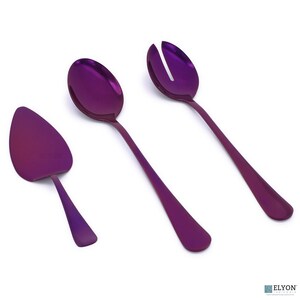 May include: A set of three purple serving utensils, including a spoon, a slotted spoon, and a cake server.