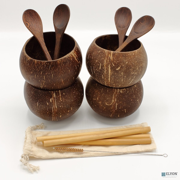 Gift Set of 4 Large Bowls, 4 Wooden Spoons, and 4 Bamboo Straws, Handcrafted Natural Coconut Bowl, Eco-Friendly, 100% Organic Coconut Shell