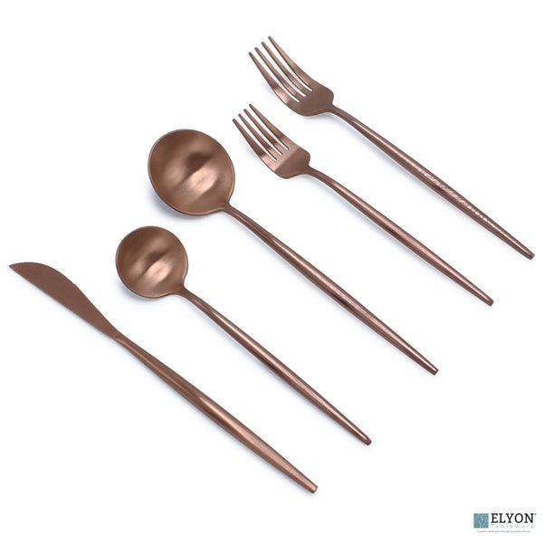 Elyon Tableware® 20-Piece Modern Matte Copper Flatware Set, Stainless Steel, Thin Handles, Service For 4