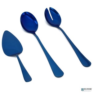 3 Piece Blue Reflective Colored Serving Set, Stainless Steel Hostess Set Includes: 1 Serving Spoon, 1 Slotted Serving Spoon, 1 Pie Server