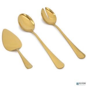 3 Piece Gold Reflective Colored Serving Set, Stainless Steel Hostess Set Includes: 1 Serving Spoon, 1 Slotted Serving Spoon, 1 Pie Server