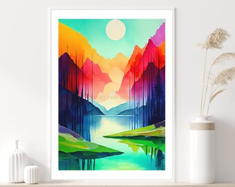 Stampa artistica di lago e montagna: paesaggio colorato (download digitale)