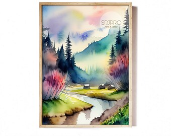 Stampa artistica con cabina sul fiume in acquerello: paesaggio da parete (download digitale)