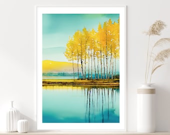 Stampa acquerello di lago e betulla: arte murale panoramica (download digitale)