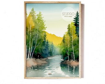 Stampa artistica con acquerello di fiume e montagna: paesaggio naturale (download digitale)