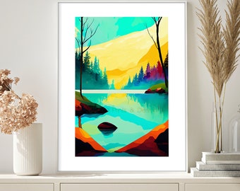 Stampa artistica astratta di un lago di montagna: decorazione murale moderna con paesaggio (download digitale)