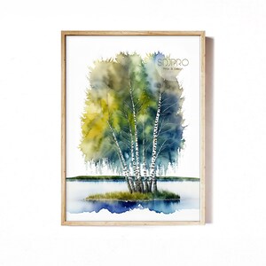 Birch Tree Wall Art, Watercolor Birch Tree Wall Art, Lake and Tree Wall Art, Home Art Print, Digital Download, Large Wall Poster Print