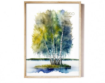 Stampa artistica di un lago di betulla ad acquerello (download digitale)