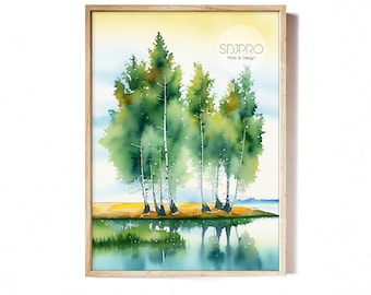 Stampa ad acquerello di Birch Tree Lake: paesaggio naturale da parete (download digitale)
