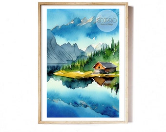 Stampa artistica ad acquerello di un lago di montagna: paesaggio con baita (download digitale)