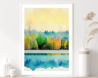 Stampa artistica di lago e foresta ad acquerello: paesaggio moderno (download digitale)