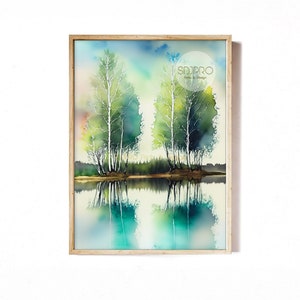 Lake and Tree Wall Art, Watercolor Landscape Wall Art, Birch Tree Wall Art, Home Art Decor, Printable Art, Large Landscape Wall Poster