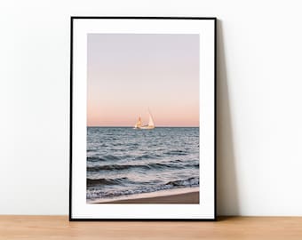 Sailboat Sunset Print | Lake Michigan Photography | Coastal Minimal Wall Art