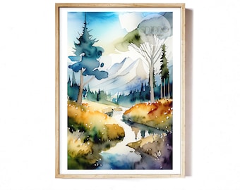 Stampa artistica ad acquerello di un paesaggio montano con fiume (download digitale)