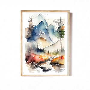 Nature Wall Art Print, Watercolor Nature Print, Landscape Art, Mountains and River Art, Digital Download, Home Decor, Modern Wall Print