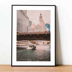 Chicago River Print, Boat under bridge Print, The Wrigley Building, Vintage Download Art Print, Riverwalk Chicago Print, Instant Download